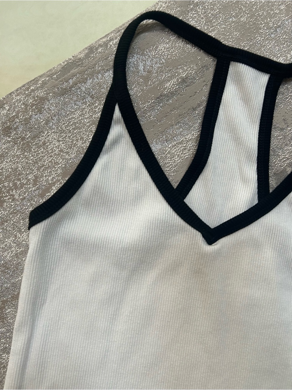 Women’s White Ribbed V-Neck Tank with Black Trim